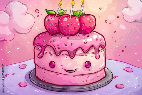 a cake, in the style of kawaii, ibis paint x, birthday party, cute stickers, foodcore, pink, snapchat photo