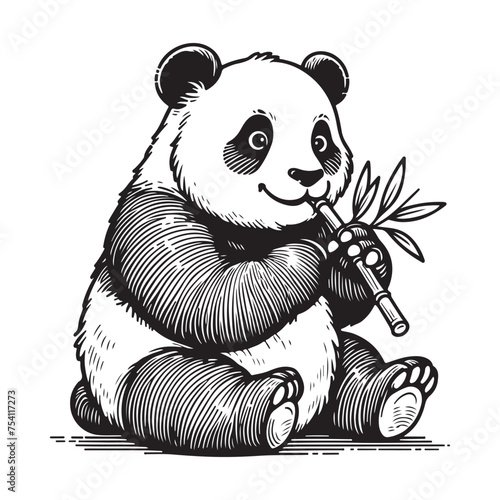 Line art of panda eating bamboo leaves vector