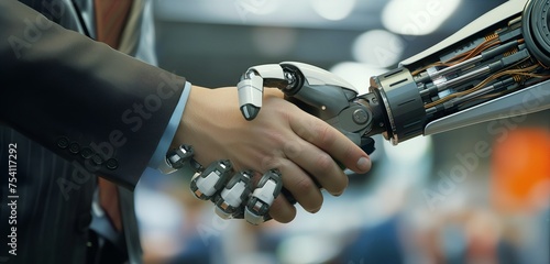 Handshake between businessman and robot, cooperation between business and security AI, future © ryker