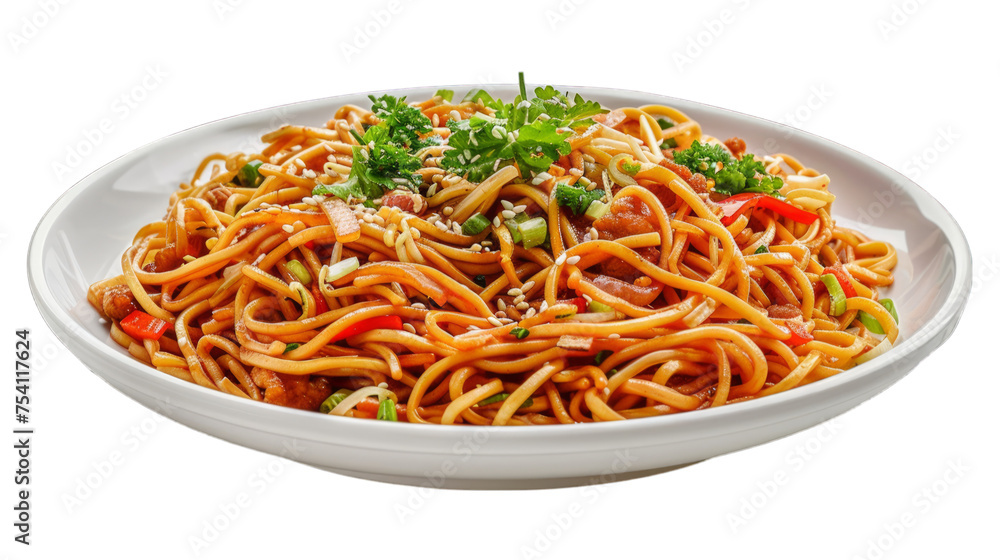 Chow Mein on isolated on transparent png background. Generative ai