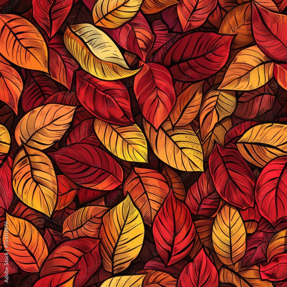 Background Texture Pattern Cel-Shaded Autumn Leaves Design that captures the cozy essence of autumn in vibrant reds, oranges, and yellows created with Generative AI Technology