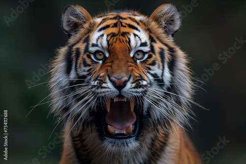 Portrait of tiger face, roaring, closeup, dynamic lighting, telephoto lens 70-200mm.