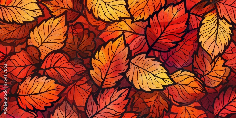 Background Texture Pattern Cel-Shaded Autumn Leaves Design that captures the cozy essence of autumn in vibrant reds, oranges, and yellows created with Generative AI Technology