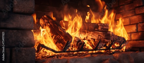 A close-up view of a fireplace filled with roaring flames, creating a strong and warm source of light and heat. The intense fire crackles and flickers, illuminating the surrounding area.