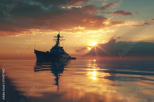 A navy cruiser anchored off an isolated beach, the sun setting in a clear sky, casting a warm, golden light over the scene. 