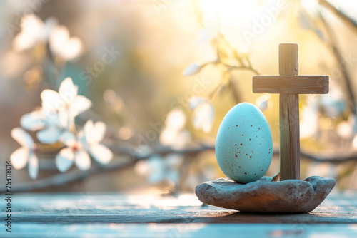 Easter background with cross, flowers and Easter egg. Generative ai 