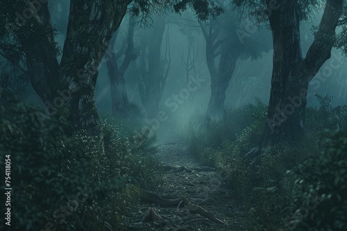 A narrow path leading through a mist-covered forest  with tall  ancient trees whose roots intertwine with the undergrowth. 