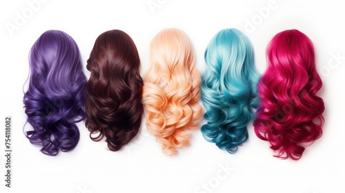 A Vibrant Display of Five Wigs in Various Colors and Styles