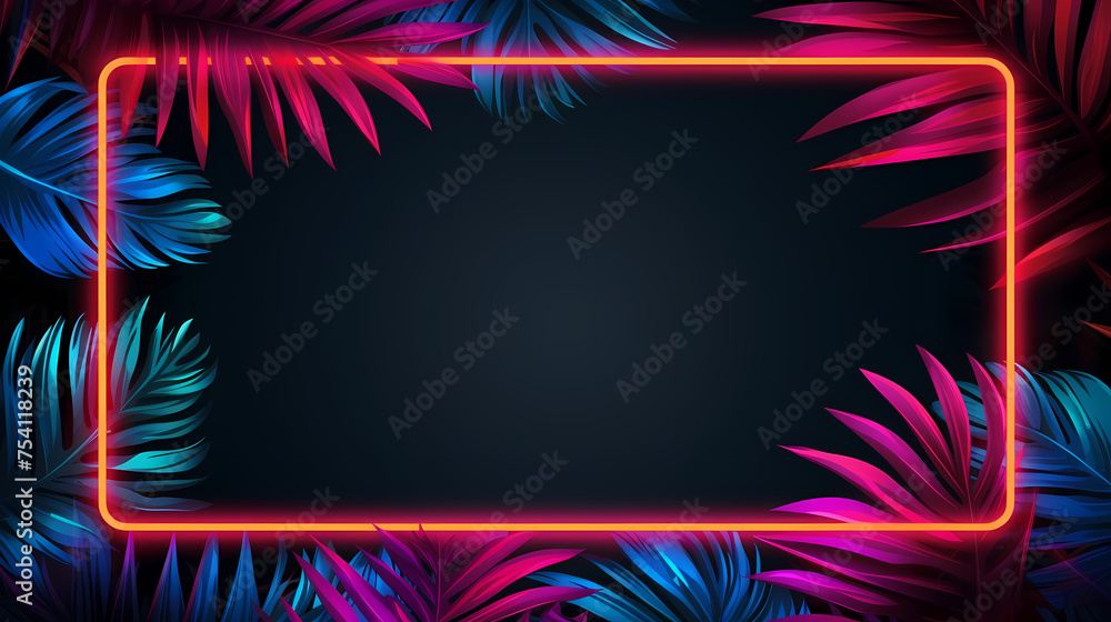 Neon frame with tropical leaves Neon frame with tropical leaves