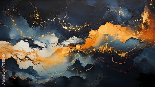 Intense clash of molten gold and deep indigo liquids, producing a mesmerizing and visually intense abstract scene © Hamza