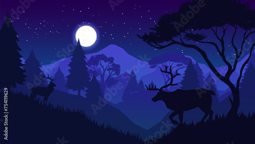 Two Elk In a Mountain Forest on a Beautiful Starry Midnight With The Moon Shining - Beautiful 2d Landscapes Vector