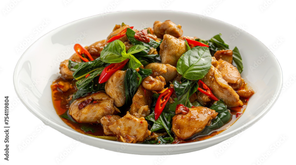 Stir-Fried Chicken with Holy Basil on isolated on transparent png background. Generative ai