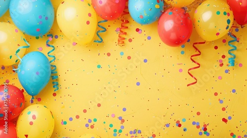 Colorful carnival or party frame of balloons, streamers and confetti on yellow background. Space for text. top view .