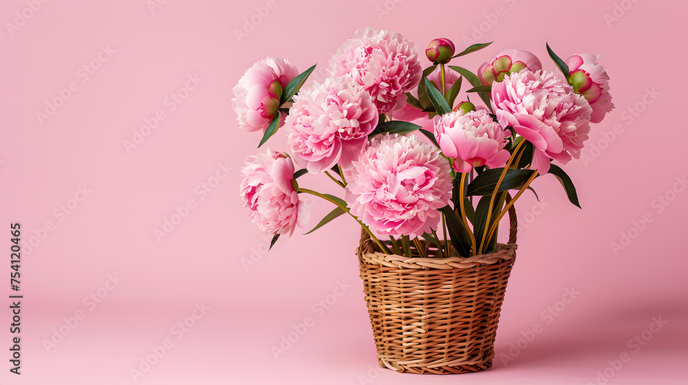 Basket of pink flowers, copy space
