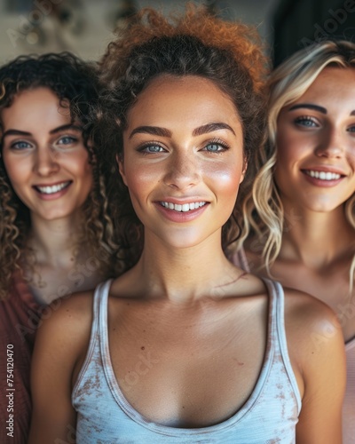Close-up portrait of three young multiethnic female models standing together. Charming sexy girls with different hair colors and skin types. Women's beauty, body care and diversity.
