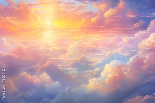 Heavenly sky, Sunset above the clouds abstract illustration, Extra wide format, Hope, divine, heavens concept #754120482