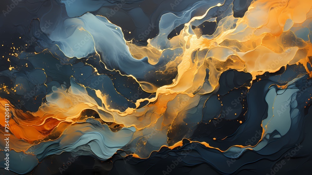 Intense clash of molten gold and deep indigo liquids, producing a mesmerizing and visually intense abstract scene