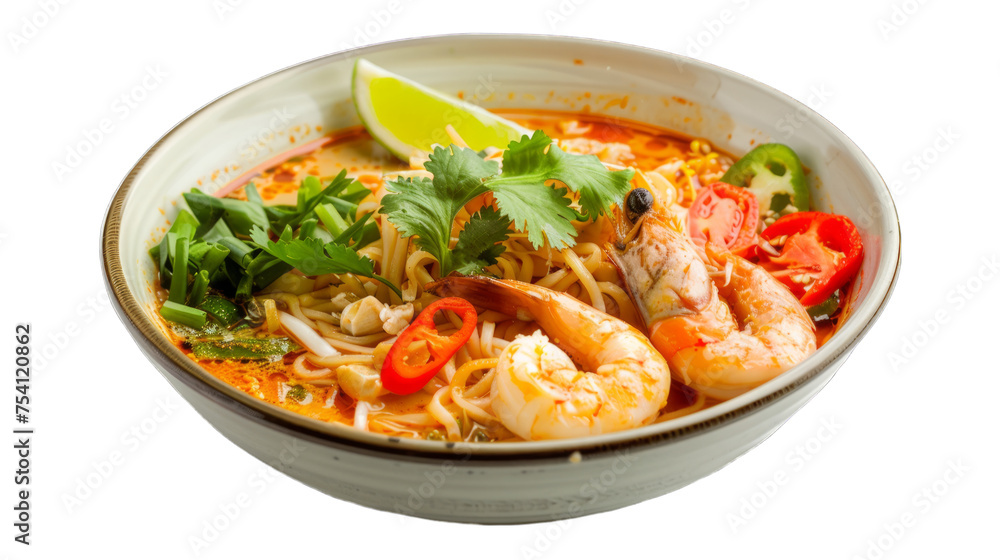 Thai Rice Noodles with Fish Curry on isolated on transparent png background. Generative ai Thai Rice Noodles with Fish Curry on isolated on transparent png background. Generative ai