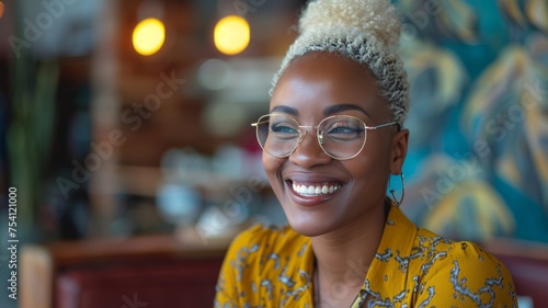 Close-up portrait of charming young African American woman with dyed blonde hair in a bright cozy room. Confident, enthusiastic lady with glasses laughs while looking aside.