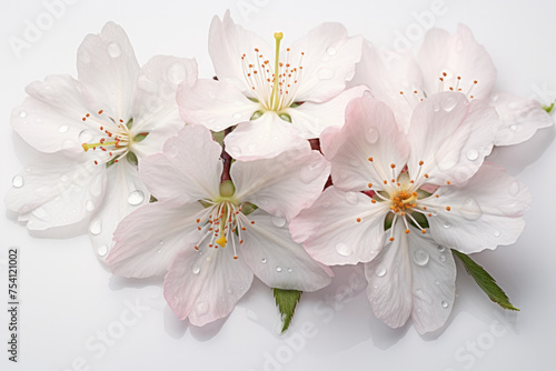Fresh cherry blossom flowers with water droplets on white background. Spring and nature.