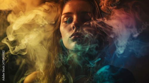 A mystical scene of a woman lost in thought, surrounded by vivid smoke and colorful lighting.