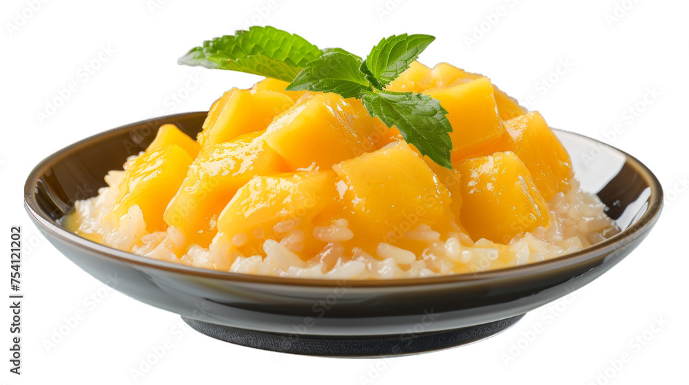 Sticky Rice with Mango (Khao Niew Ma Muang) on isolated on transparent png background. Generative ai Sticky Rice with Mango (Khao Niew Ma Muang) on isolated on transparent png background. Generative ai