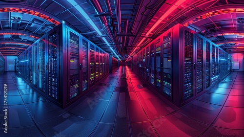 Virtual reality view inside a supercomputer server room photo