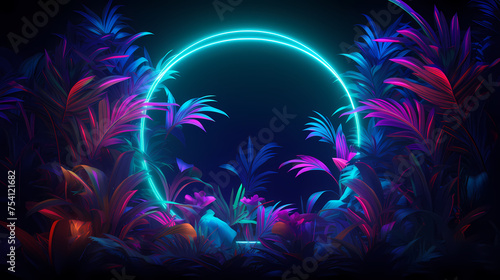 Neon frame with tropical palm leaves on dark background