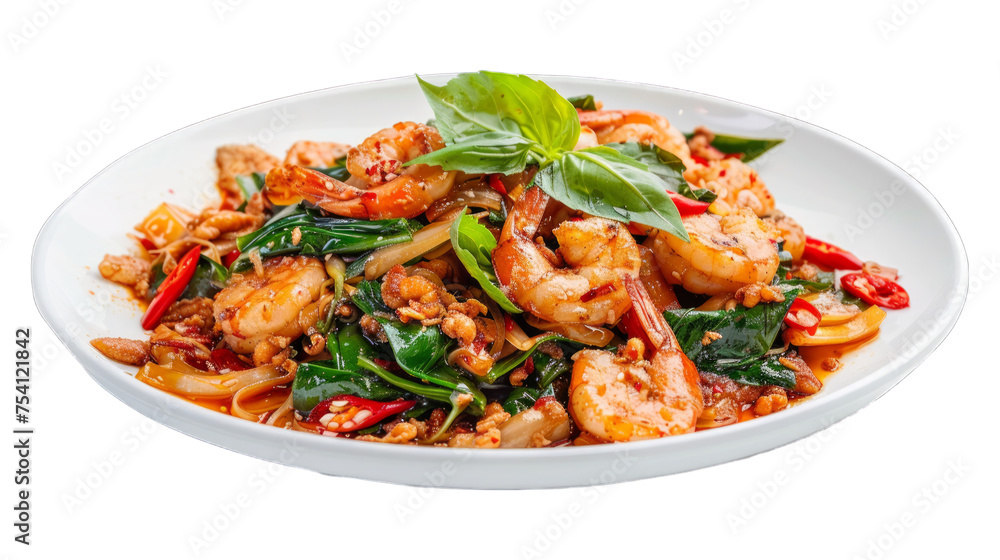 Stir-Fried Seafood with Basil on isolated on transparent png background. Generative ai Stir-Fried Seafood with Basil on isolated on transparent png background. Generative ai