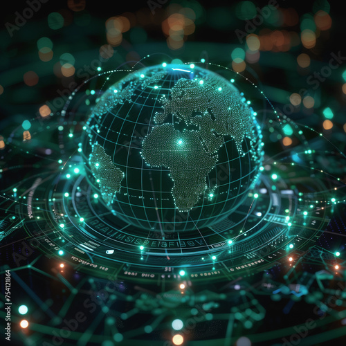 a digital globe surrounded by interconnected nodes, visualizing a global network. It signifies worldwide connectivity and digital communication.