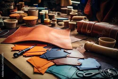 Leather craft or leather working  Selected pieces of beautifully colored or tanned leather on leather craftman s work desk