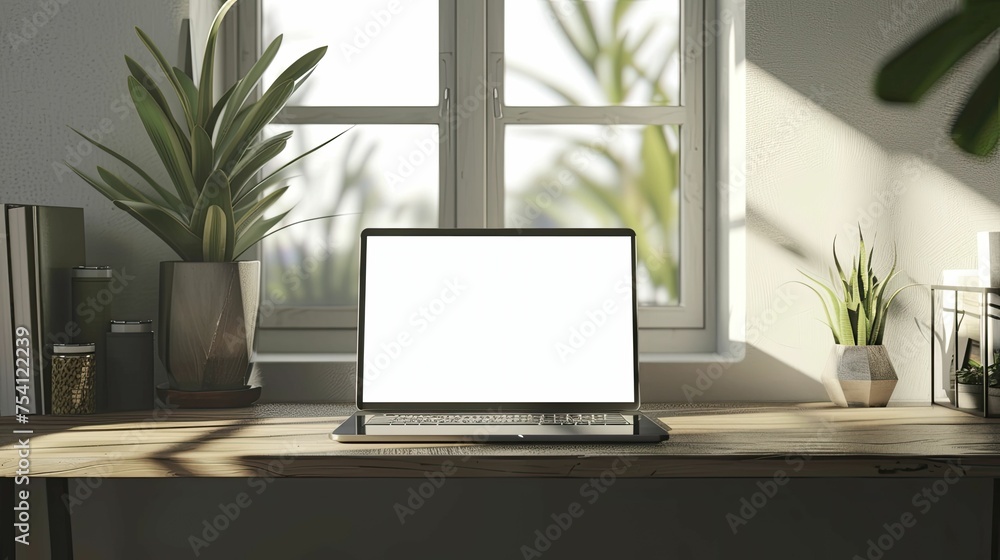Sleek laptop on minimalist wooden desk in soft morning light through window, perfect for app display mockup. Sleek laptop on minimalist wooden desk in soft morning light through window, perfect for app display mockup.