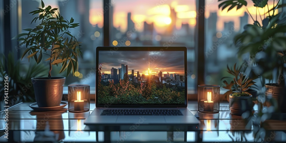 Professional business laptop mockup on glass table, city skyline in the background, perfect for website presentations.