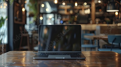Over the shoulder view of a laptop mockup with a blank screen  featuring a coffee shop ambiance for casual browsing