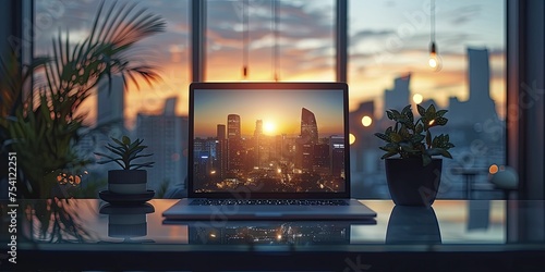 Business laptop displayed on glass table with urban skyline backdrop  ideal for website presentations.