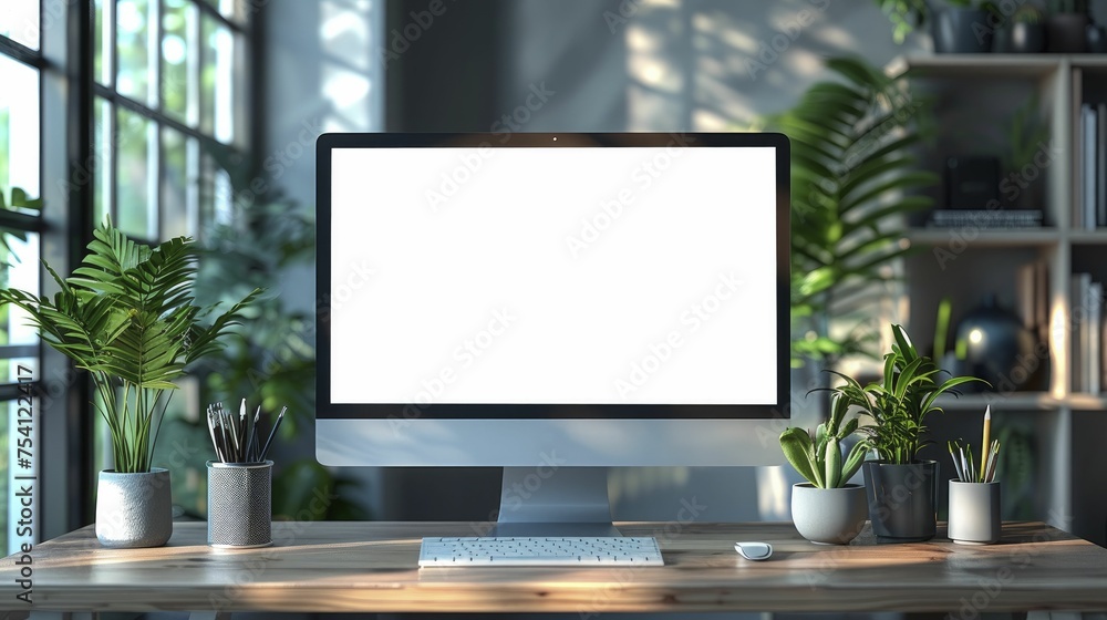 Showcasing design and web content, an elegant computer monitor mockup with a blank screen in a pristine white office setting. Showcasing design and web content, an elegant computer monitor mockup with a blank screen in a pristine white office setting.