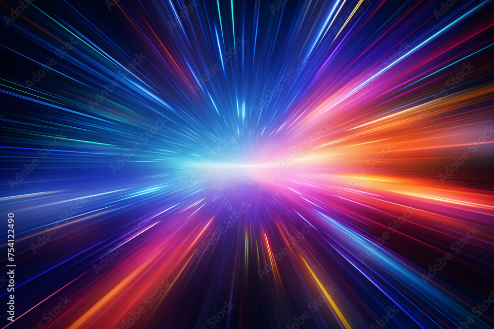 Light speed, hyperspace, space warp background, colorful streaks of light gathering towards the event horizon