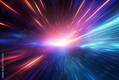 Light speed, hyperspace, space warp background, colorful streaks of light gathering towards the event horizon