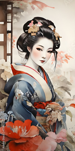 Beautiful Vintage Style Japanese Geisha Watercolor Illustration
