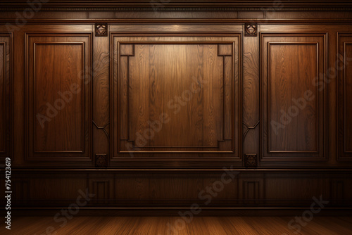 Luxury wood paneling background or texture. highly crafted classic traditional wood paneling, with a frame pattern, often seen in courtrooms, premium hotels, and law offices photo
