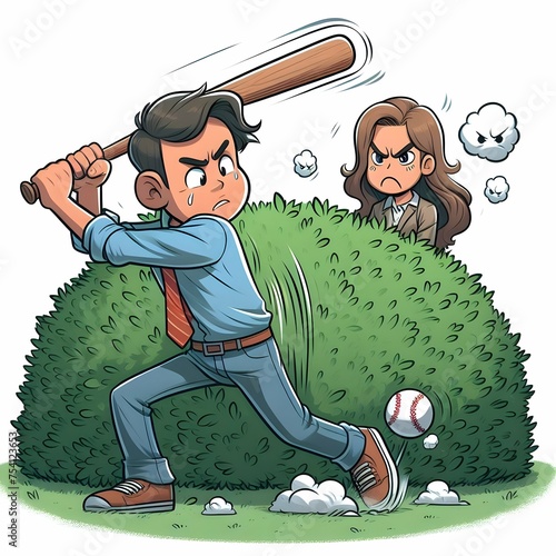 A man beating around the bush in front of a woman who feels annoyed