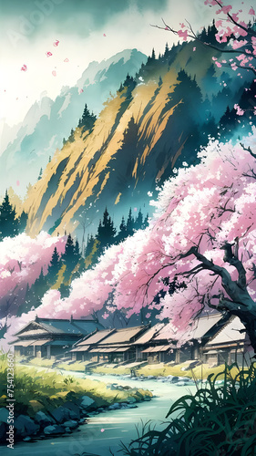 Beautiful Vintage Style Japanese Landscape Watercolor