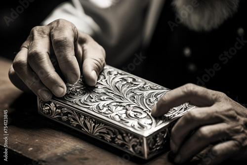 Metal engraver, inspecting his work, A silver lighter or metal item with vine pattern, Wide format