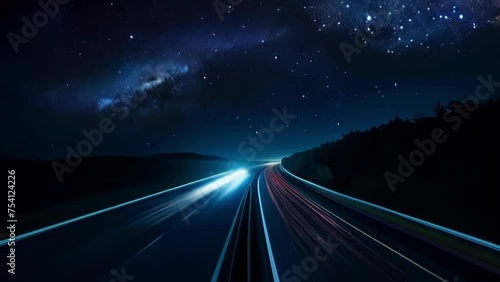 The remote road is transformed into a magical journey through the stars thanks to the dramatic and captivating light trails left in the wake of ping cars. photo