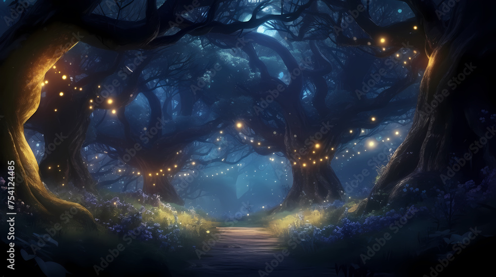 Charming forest landscape of trees at dusk illuminated by twinkling lights - obrazy, fototapety, plakaty 