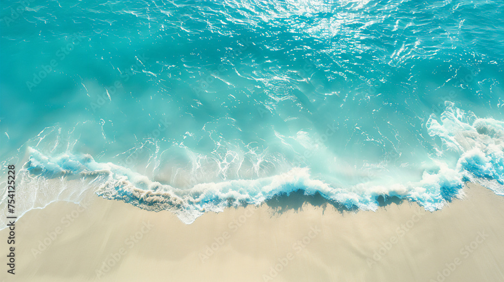 Top down view of beach and sea with blue waves and white sand. Beautiful natural background of summer vacation. Generative AI
