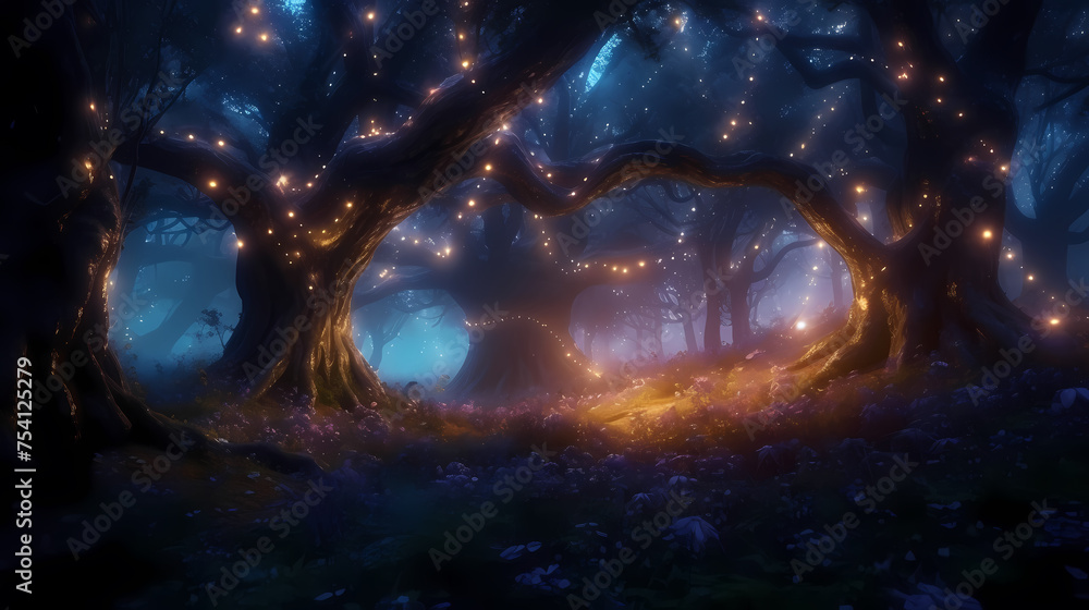 Charming forest landscape of trees at dusk illuminated by twinkling lights