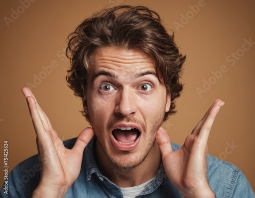 A man is making a surprised face. He is holding his hands up in the air and has his mouth open. Concept of shock or disbelief photo