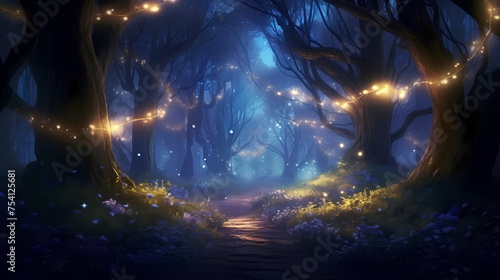 Charming forest landscape of trees at dusk illuminated by twinkling lights