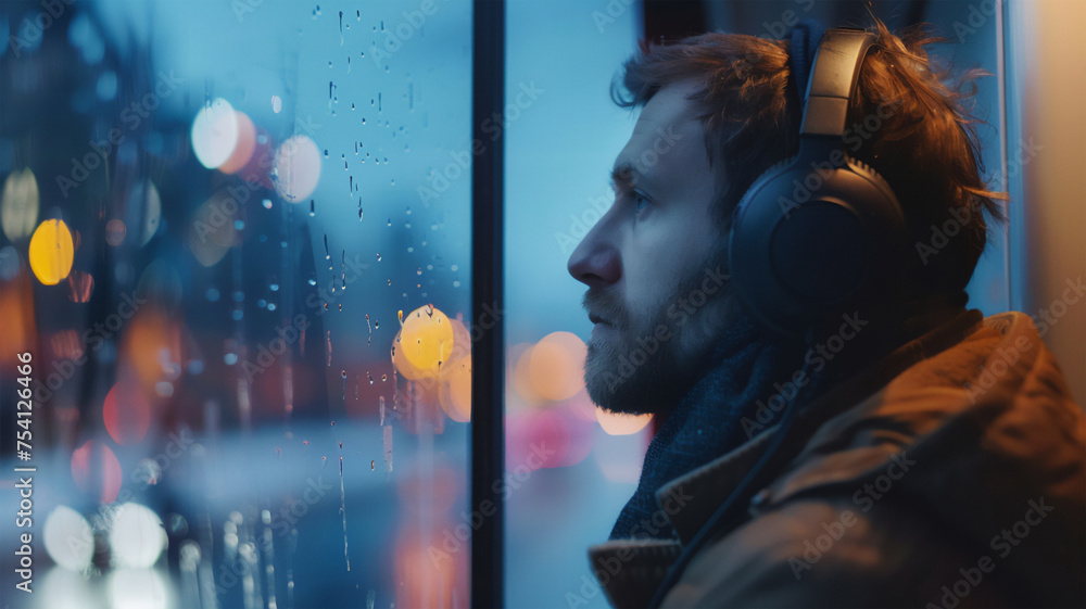 a man wearing headphones stares out a rainy window overlooking the city. slight melancholy and thoughtfulness. Generative AI a man wearing headphones stares out a rainy window overlooking the city. slight melancholy and thoughtfulness. Generative AI